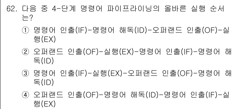 통신선로산업기사(통합편입) 2021년 62번 - . 

파이프라이닝의 올바른 실행 순서는 명령어의 우선순위를 고려해야 하... 에 관한 핵심 기출문제