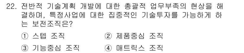 설비보전기사(구) 2015년 22번 - 정답은 4번 "메트릭스 조직"입니다. 메트릭스 조직은 다양한 프로젝트와 ... 에 관한 핵심 기출문제