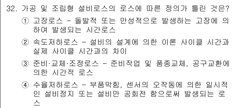 설비보전기사(구) 2015년 32번 - 정답 4번은 "부품망형, 센서의 오작동에 의한 실직인 설비 고장 또는 설... 에 관한 핵심 기출문제