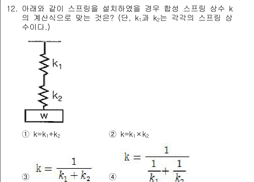 설비보전기사 2015년 12번 - 스프링의 합성 강도는 병렬로 연결된 경우 각 스프링의 강도를 합산하여 구... 에 관한 핵심 기출문제