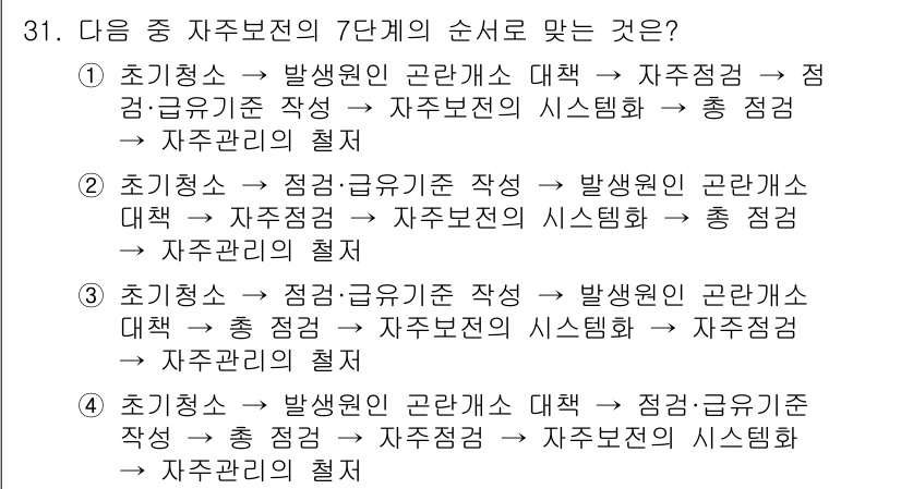 설비보전기사(구) 2017년 31번 - 정답 4는 초기청소 → 발명원인 관리개소 대책 → 점검: 금유제 작성 →... 에 관한 핵심 기출문제