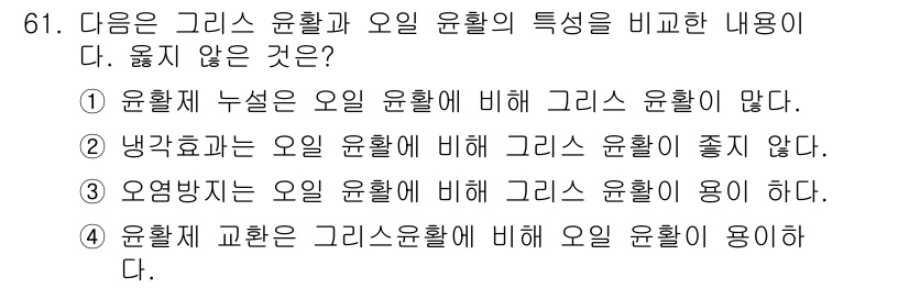 설비보전기사(구) 2019년 61번 - 그리스 윤활재는 오일 윤활에 비해 고온에서 점도가 높고, 윤활 상태가 안... 에 관한 핵심 기출문제