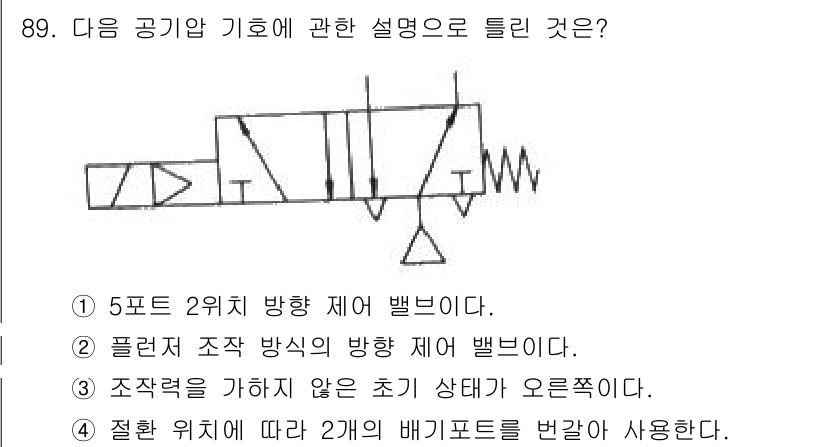 설비보전기사(구) 2020년 88번 - 5포트 2위치 방향 제어 밸브는 유체의 흐름을 조절하여 특정 작업을 수행... 에 관한 핵심 기출문제