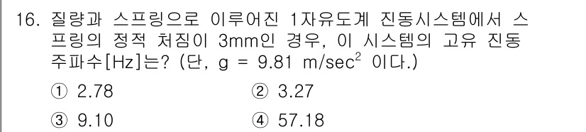 설비보전기사 2020년 16번 - 주어진 스프링의 정격 처짐으로부터 주기(T)를 계산한 후, 주파수(f)는... 에 관한 핵심 기출문제