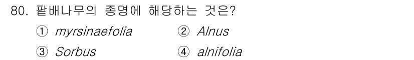 조경기사 2022년 80번 - 정답은 4번 "alnifolia"입니다. "palbanamu"는 한국어로... 에 관한 핵심 기출문제