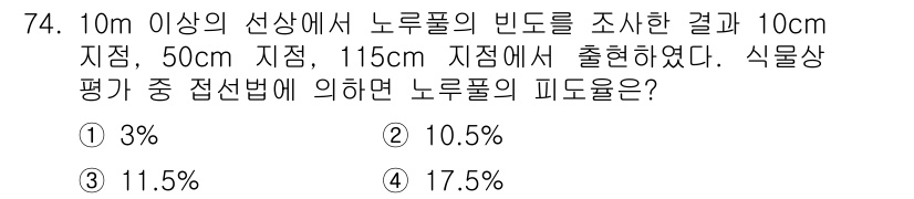 자연생태복원기사(구) 2016년 74번 - 자연생태복원에서 노루풀의 피도율은 특정 높이에서의 밀도로 계산된다. 주어... 에 관한 핵심 기출문제