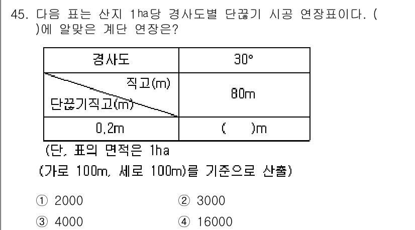 자연생태복원기사(구) 2017년 45번 - 이 문제는 단면적 계산을 요구합니다. 주어진 경사도와 지형의 높이를 통해... 에 관한 핵심 기출문제
