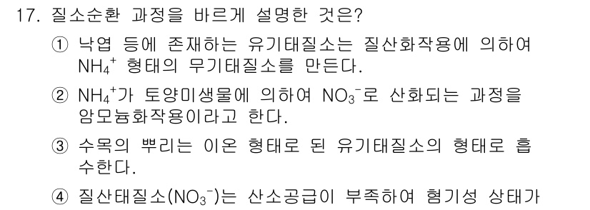 자연생태복원기사(구) 2018년 17번 - 질소 순환 과정에서 NH4+는 유기물 분해 후 형성되며, 이는 식물의 질... 에 관한 핵심 기출문제