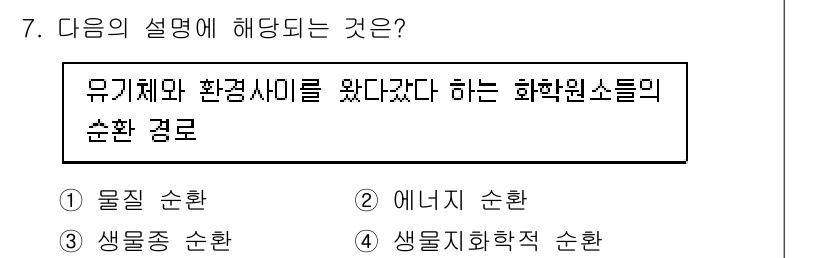 자연생태복원기사(구) 2020년 7번 - 유기체와 환경 사이의 물질과 에너지가 순환하는 과정을 설명하는 것으로, ... 에 관한 핵심 기출문제
