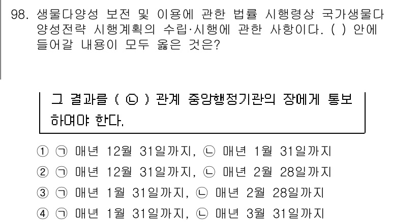 자연생태복원기사 2021년 98번 - 정답 4번은 연말과 연초에 관련된 자율적 생태복원 활동을 효율적으로 계획... 에 관한 핵심 기출문제