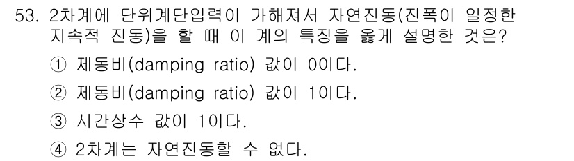 화공기사(구)(구) 2016년 53번 - 자연진동을 고려할 때, 2차계의 단위계단 입력에 대한 응답은 램프형태를 ... 에 관한 핵심 기출문제
