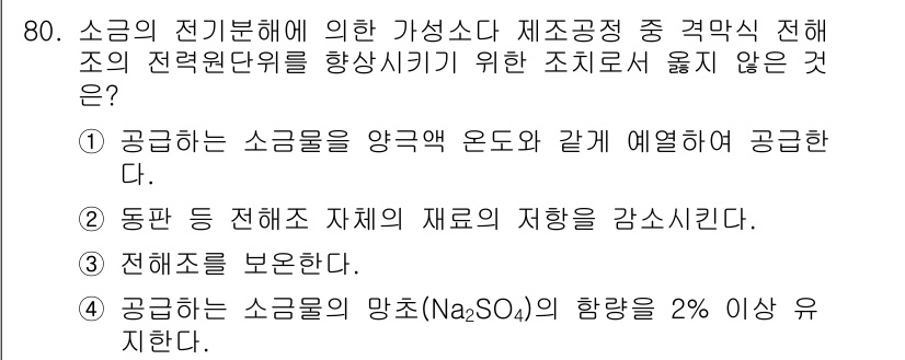 화공기사(구)(구) 2017년 80번 - 소금의 전기분해 과정에서 Na₂SO₄와 같은 염의 농도가 너무 높으면 전... 에 관한 핵심 기출문제