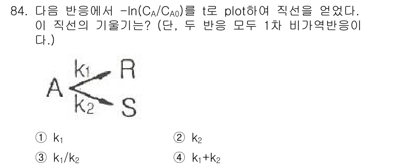 화공기사(구)(구) 2017년 84번 - 주어진 반응에서 -ln(C_A/C_{A0})를 t에 대해 플로팅하면 1차... 에 관한 핵심 기출문제