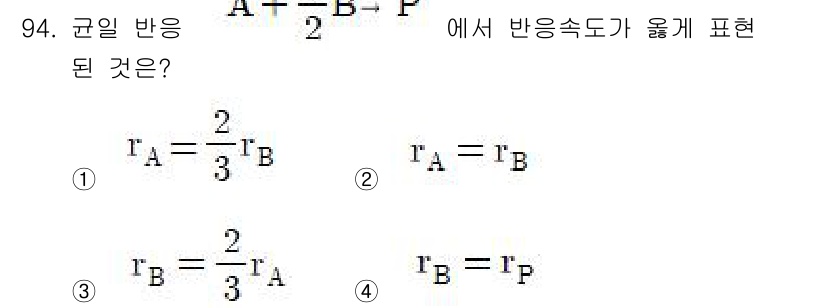화공기사(구) 2017년 94번 - 문제에서 주어진 식 \( A + B \rightarrow P \)에서 반... 에 관한 핵심 기출문제