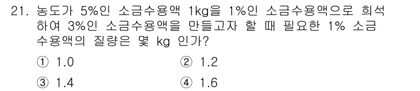 화공기사 2017년 21번 - 소금용액의 농도를 고려할 때, 5% 소금용액 1kg에서 소금의 양은 50... 에 관한 핵심 기출문제