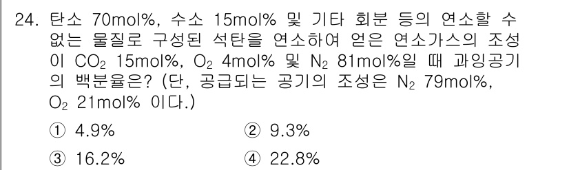 화공기사(구) 2020년 24번 - 주어진 문제는 연소 후 생성된 가스의 조성을 바탕으로 과잉 공기의 백분율... 에 관한 핵심 기출문제