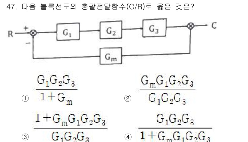 화공기사 2020년 47번 - 주어진 회로에서 블록선도의 전달함수는 각 블록의 전달함수를 곱한 후, 전... 에 관한 핵심 기출문제