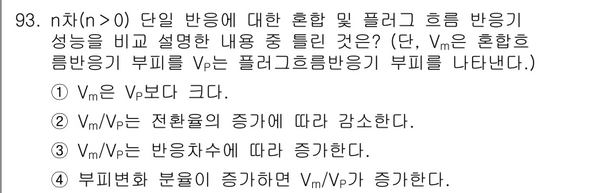 화공기사(구)(구) 2021년 94번 - 혼합 반응에서 플리 및 흐름 반응의 성질 비교 시, \( V_m \)은 ... 에 관한 핵심 기출문제