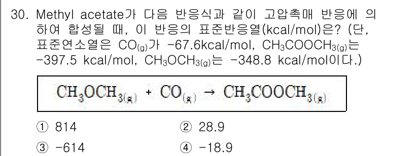 화공기사(구) 2021년 30번 - 주어진 반응식에서 메틸 아세테이트의 생성에 대한 변화 엔탈피(ΔH)를 계... 에 관한 핵심 기출문제