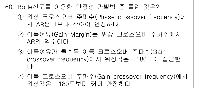 화공기사(구) 2021년 60번 - 정답 3번이 맞는 이유는, 이득 구간에서 클로즈 이득 크로스오버 주파수는... 에 관한 핵심 기출문제