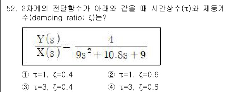 화공기사 2021년 52번 - 주어진 전달함수에서 감쇠비(damping ratio) \(\zeta\)는... 에 관한 핵심 기출문제