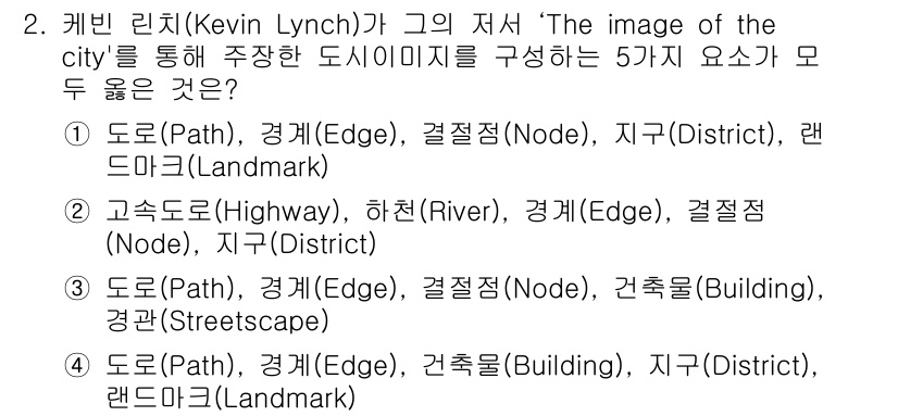 도시계획기사 2022년 2번 - . 

케빈 린치의 「The Image of the City」에서는 도시... 에 관한 핵심 기출문제