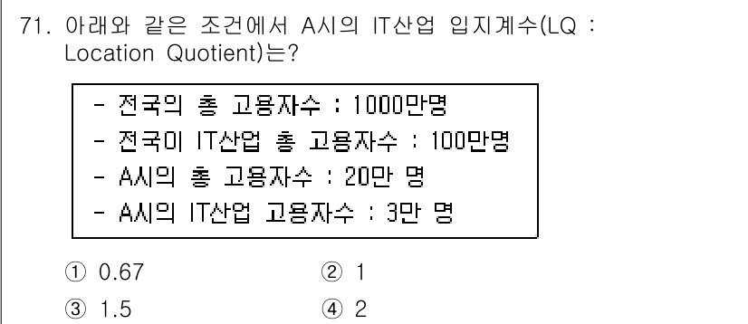 도시계획기사 2022년 71번 - LQ (Location Quotient)는 특정 지역의 산업 고용 비율을... 에 관한 핵심 기출문제