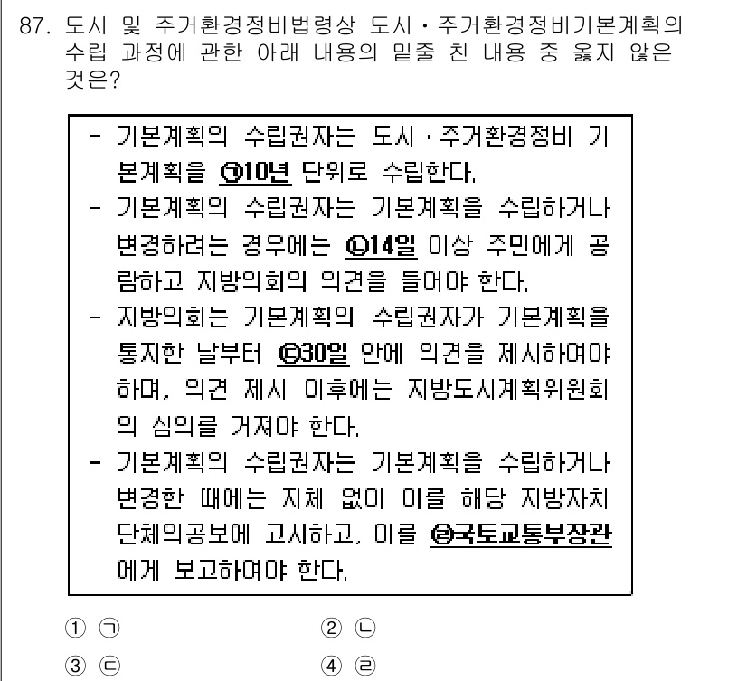 도시계획기사 2022년 87번 - 주거단지에서 수립하는 기초계획의 수립방법은 주민의 의견을 반영해야 하며,... 에 관한 핵심 기출문제