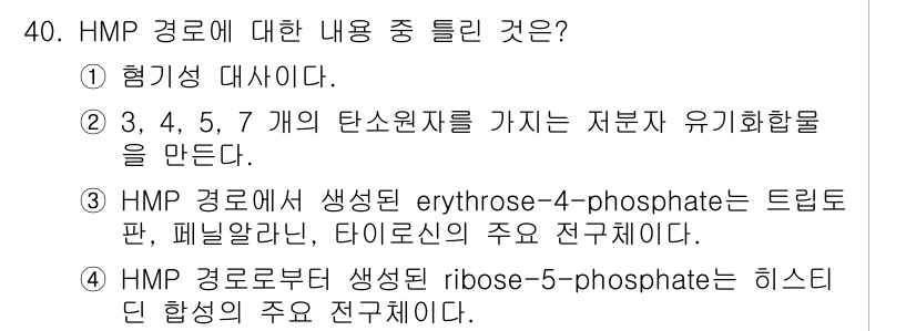 바이오화학제품제조기사 2021년 40번 - HMP 경로는 탄수화물 대사에서 중요한 역할을 하며, 헴 대사와도 관련이... 에 관한 핵심 기출문제