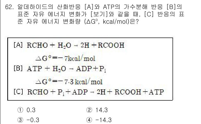 바이오화학제품제조기사 2021년 62번 - . 

핵심 해설: 주어진 반응에서 자유 에너지 변화(ΔG)를 계산할 때... 에 관한 핵심 기출문제