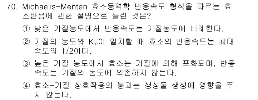 바이오화학제품제조기사 2021년 70번 - 정답 4는 효소-기질 상호작용의 봉합에 생성을 주지 않는다는 설명으로 효... 에 관한 핵심 기출문제
