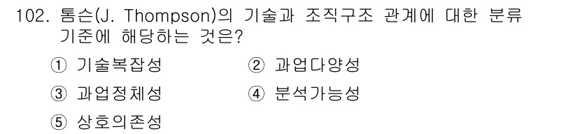 가맹거래사 2022년 102번 - . 상호의존성

톰슨(J. Thompson)은 기술과 조직 구조의 관계에... 에 관한 핵심 기출문제