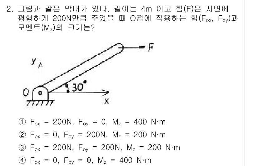 일반기계기사 2022년 2번 - 주어진 힘 F는 200N이고, 막대의 길이는 4m입니다. 힘은 수평 방향... 에 관한 핵심 기출문제