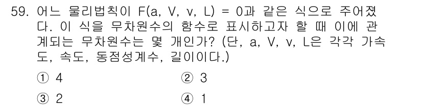 일반기계기사 2022년 59번 - 주어진 식 \(F(A, V, v, L) = 0\)에서 \(F\)는 물리적... 에 관한 핵심 기출문제