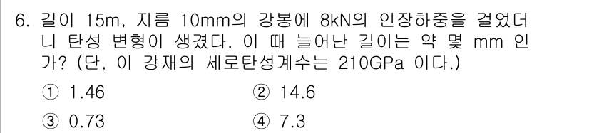 일반기계기사 2022년 6번 - 주어진 데이터에 따라 탄성 변형은 후크의 법칙을 이용하여 계산할 수 있습... 에 관한 핵심 기출문제