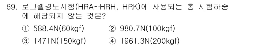 일반기계기사 2022년 69번 - 로드겐도시험(HRA~HRH)에서 요구되는 테스트의 하중 범위는 일반적으로... 에 관한 핵심 기출문제