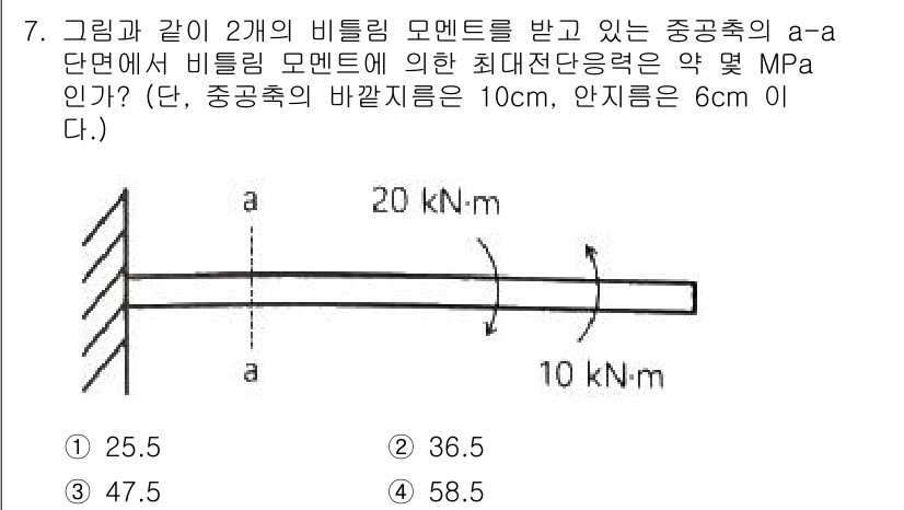일반기계기사 2022년 7번 - 주어진 문제는 비틀림 모멘트와 관련된 최대 전단 응력을 구하는 문제입니다... 에 관한 핵심 기출문제