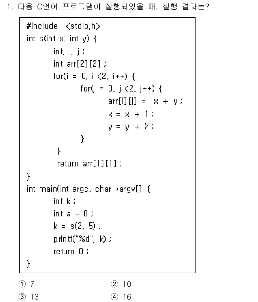 컴퓨터시스템기사(A형) 2022년 1번 - 주어진 C 코드에서 `s` 함수는 2x2 배열을 사용하여 값을 설정하는데... 에 관한 핵심 기출문제