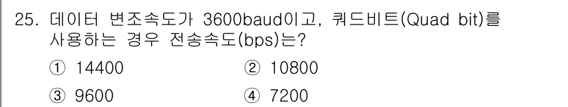 컴퓨터시스템기사(A형) 2022년 25번 - 전송 속도(bps)는 변조 속도(baud)와 퀄리티 비트 수를 곱하여 계... 에 관한 핵심 기출문제