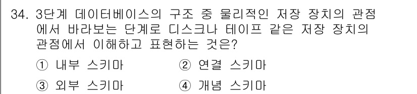 컴퓨터시스템기사(A형) 2022년 34번 - . 내부 스키마  
이유: 3단계 데이터베이스 구조에서 내부 스키마는 데... 에 관한 핵심 기출문제