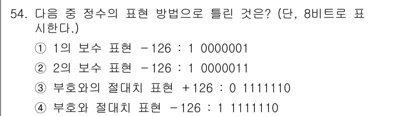 컴퓨터시스템기사(A형) 2022년 54번 - 2의 보수 표현에서 음수를 나타내기 위해서는 먼저 1의 보수 표기를 구한... 에 관한 핵심 기출문제