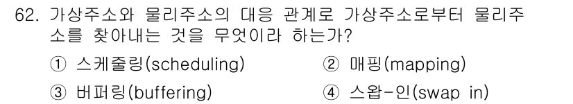 컴퓨터시스템기사(A형) 2022년 62번 - 가상주소와 물리주소의 대응 관계를 찾는 과정은 메모리 관리에서 중요한 역... 에 관한 핵심 기출문제