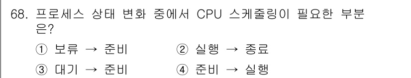 컴퓨터시스템기사(A형) 2022년 68번 - CPU 스케줄링은 프로세스가 CPU를 사용할 수 있도록 준비 상태에서 실... 에 관한 핵심 기출문제