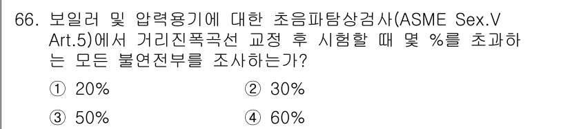 초음파비파괴검사기사(구) 2021년 66번 - 초음파비파괴검사에서 불연전부를 조사하는 기준은 ASME Sec. V Ar... 에 관한 핵심 기출문제