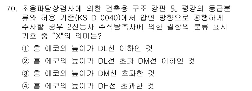 초음파비파괴검사기사(구) 2021년 70번 - 정답 3번은 초음파 비파괴 검사에서의 재료 평가와 관련이 있습니다. "X... 에 관한 핵심 기출문제