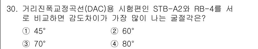 초음파비파괴검사기사 2021년 30번 - STB-A2와 RB-4의 비교에서 감도 차이가 가장 많이 나는 굴절각은 ... 에 관한 핵심 기출문제