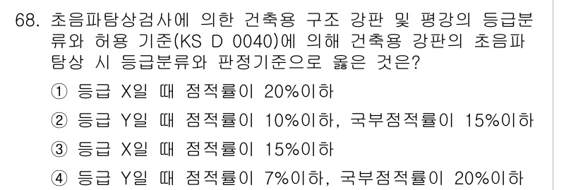 초음파비파괴검사기사 2021년 68번 - 초음파탐상검사에서 등급의 장비 적정률은 주어진 기준에 따라 설정되어 있으... 에 관한 핵심 기출문제