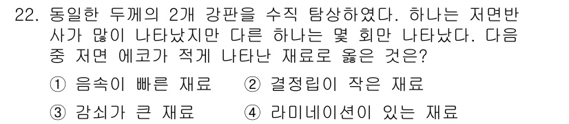 초음파비파괴검사기사(구) 2022년 22번 - 감쇠가 큰 재료는 초음파가 잘 전달되지 않아 신호의 세기가 약해지고, 이... 에 관한 핵심 기출문제