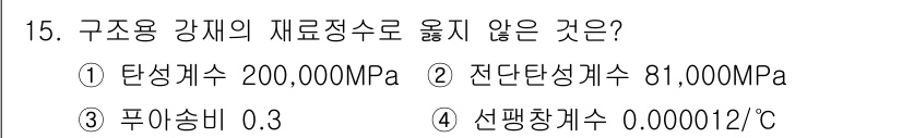 9급_국가직_공무원_건축구조 2022년 15번 - 번 탄성계수 200,000MPa는 구조용 강재의 일반적인 값으로, 신축성... 에 관한 핵심 기출문제