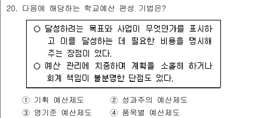 9급_국가직_공무원_교육학개론 2022년 20번 - 정답 2번은 '성격주의 예산제'를 설명하는 내용으로, 목표와 사업을 명확... 에 관한 핵심 기출문제
